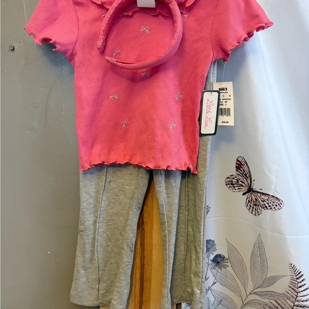Pink Top and Gray Leggings Set with Headband